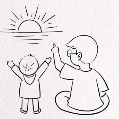 父亲节线条简笔画：父子一起看日出